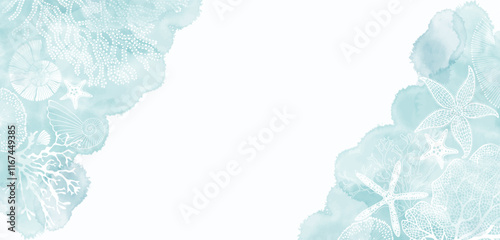 Luxury vector design with underwater plants, shells, starfish, corals, sea creatures and  watercolor splash. Template design for text, packaging and prints. Art sea background. Corner composition.