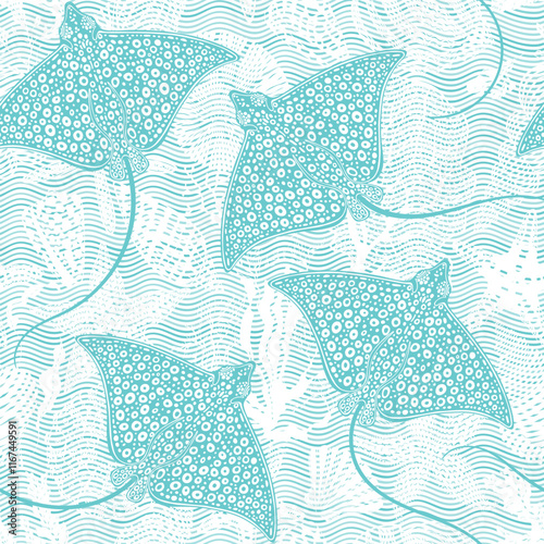 Stingrays and sea creatures on waves background. Art seamless pattern on a marine theme. Vector. Perfect for wallpaper, wrapping, fabric, print and textile. 