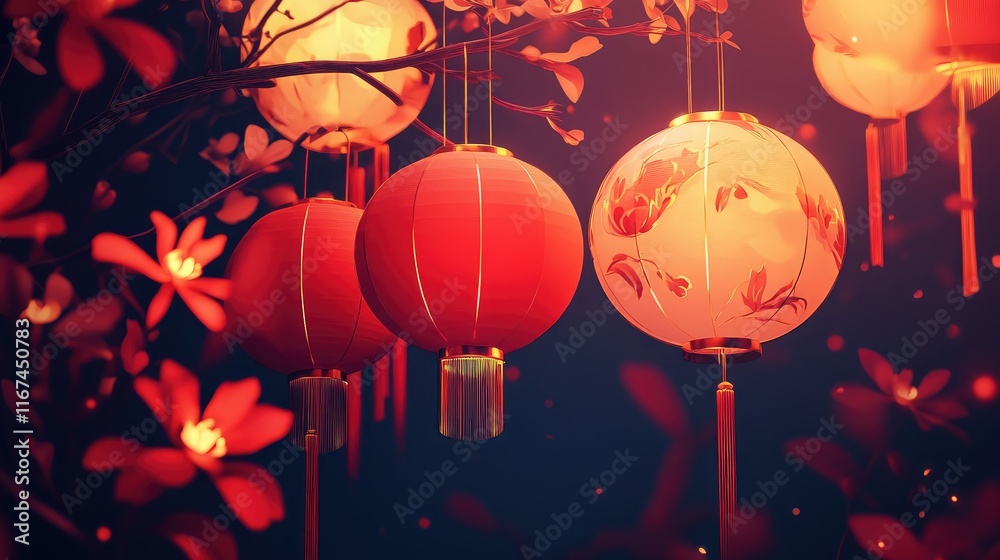 Abstract design for a Chinese New Year poster, incorporating glowing lanterns and floral motifs in red and gold. Abstract design for a Chinese New Year poster, incorporating glowing lanterns and floral motifs in red and gold.