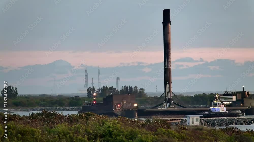 Successful launch preparation at a coastal rocket facility during sunset hours Successful launch preparation at a coastal rocket facility during sunset hours