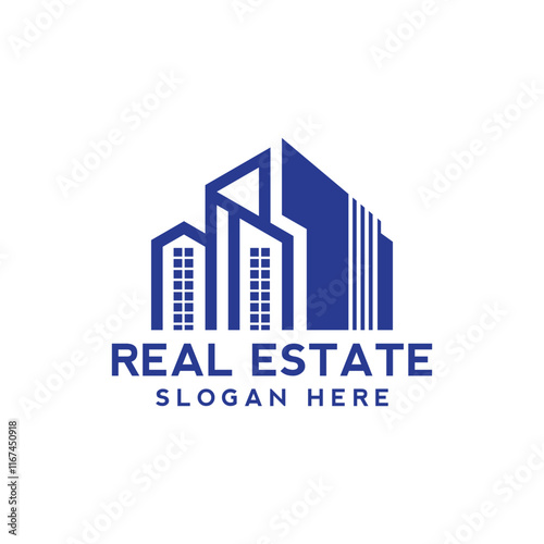 real estate corporate logo. Real estate logo vector template. Corporate real estate logo Initial Letter R Logo. Orange and White Geometric Shape Origami Style isolated on Blue Background. Flat Vector 