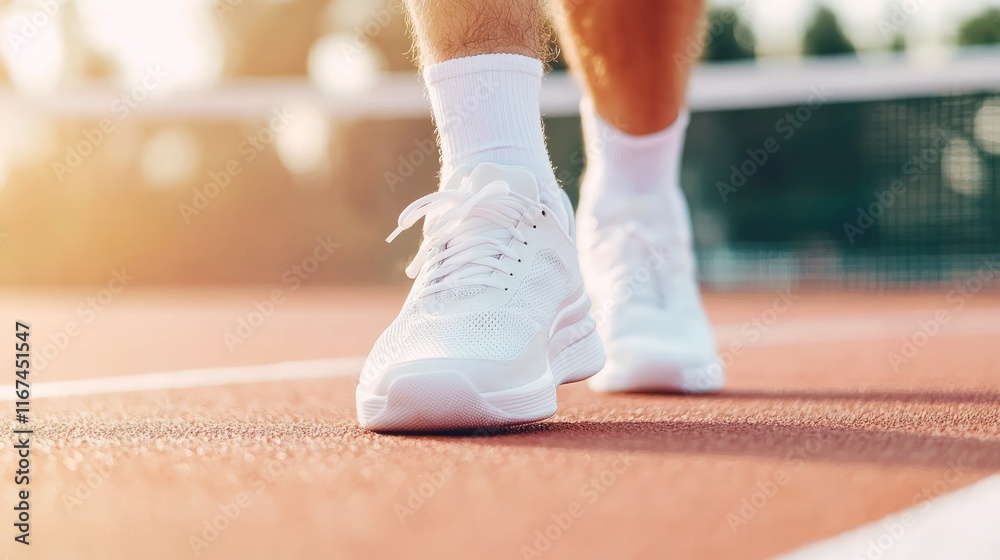 Dynamic Tennis Player Foot in Mid-Swing with Court Details and Blurred Net Background Dynamic Tennis Player Foot in Mid-Swing with Court Details and Blurred Net Background
