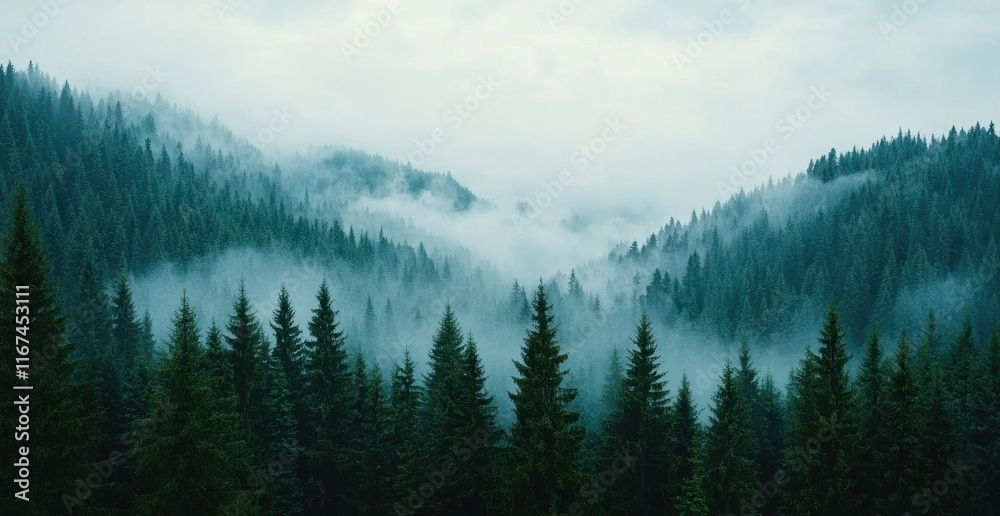 A foggy mountain landscape, pine trees, and a cloudy sky in the valley. A foggy mountain landscape, pine trees, and a cloudy sky in the valley.