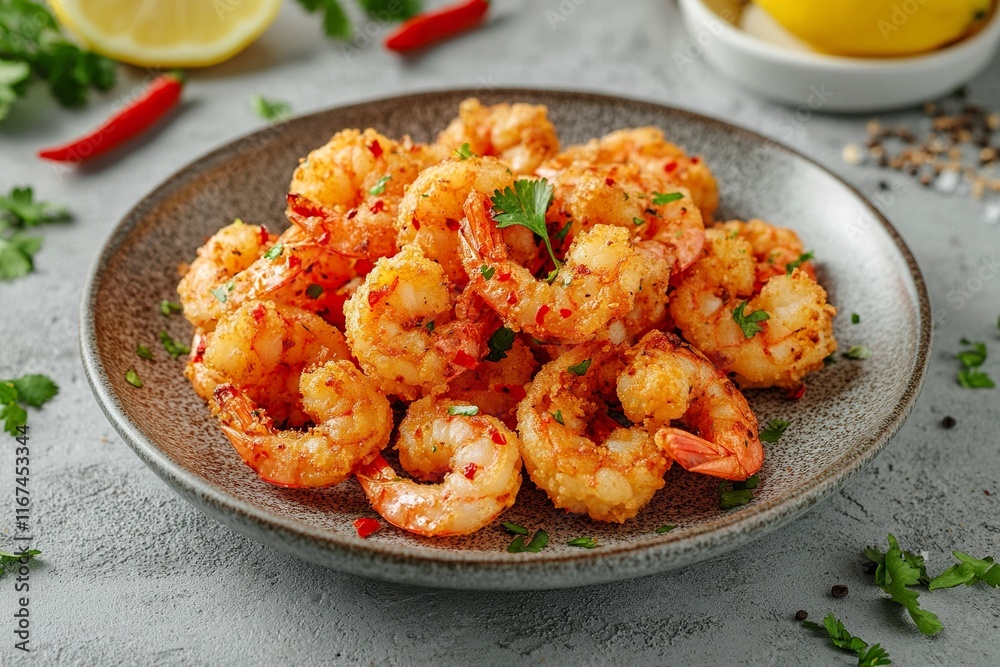Tasty cooked fried shrimp with chilli and lemon on a gray concrete background. Healthy seafood. whit generative ai Tasty cooked fried shrimp with chilli and lemon on a gray concrete background. Healthy seafood. whit generative ai