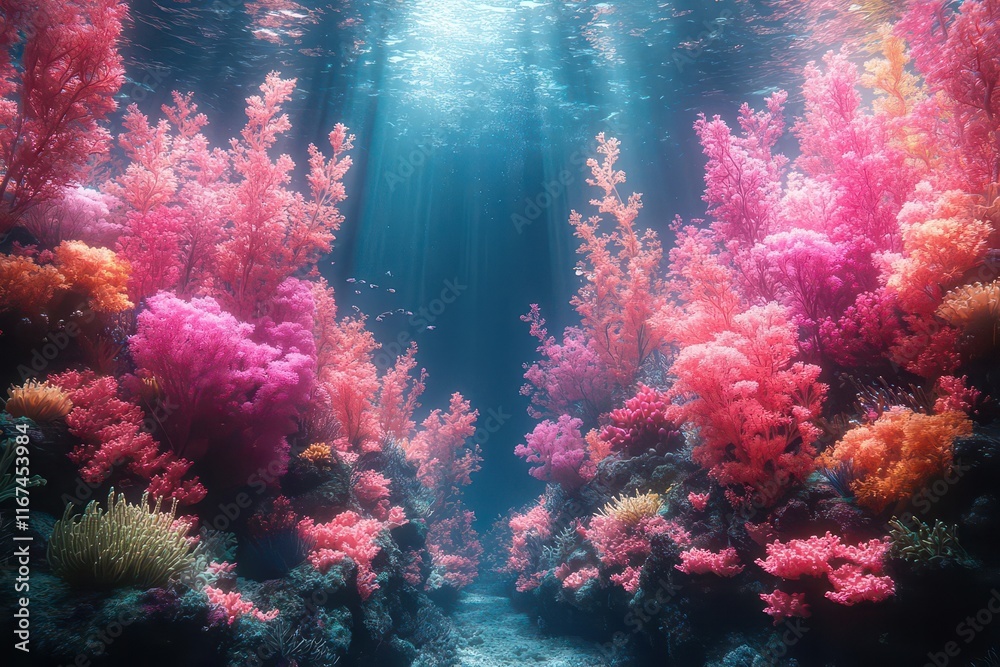 Fototapeta premium stunning underwater landscape featuring vibrant coral reefs marine life and fluid motions crafted as a digital art piece ideal for wallpapers and backgrounds