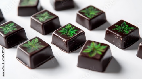 Gourmet dark chocolate edibles infused with cannabis, decorated with marijuana leaves, resting on a dark surface photo