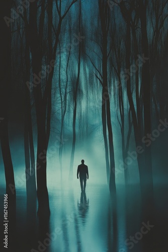 A man walking through an eerie, blue, misty forest at night, with trees casting black shadows.