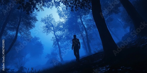 A man walking through an eerie, blue, misty forest at night, with trees casting black shadows.