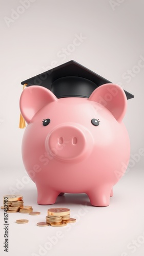 Creative savings concept showcasing a pink piggy bank with a graduation cap and coins on a light background photo