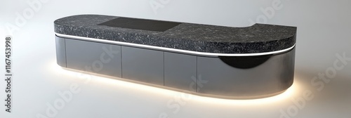 A silver counter with a black marble top