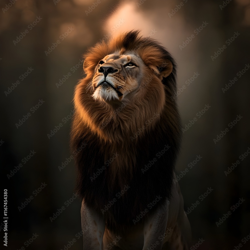 Obraz premium Majestic lion standing tall and proud its mane billowing in the wind as it marks its territory with a powerful spray of pheromone rich urine to assert dominance over its hunting grounds
