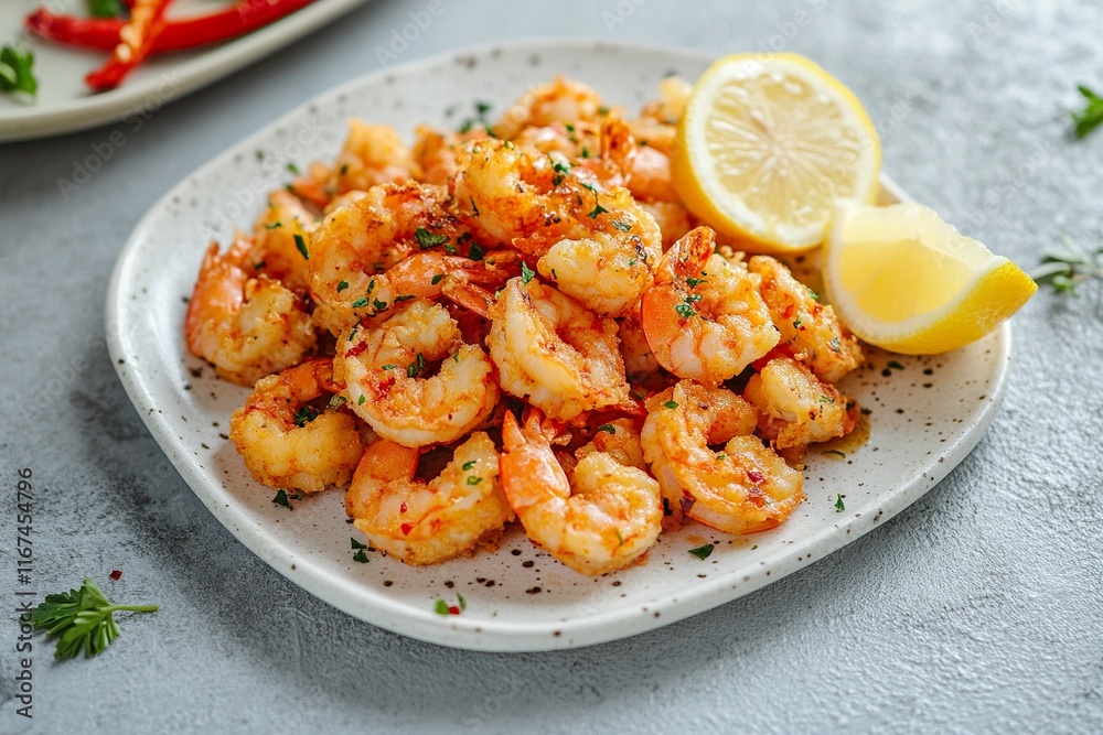 Tasty cooked fried shrimp with chilli and lemon on a gray concrete background. Healthy seafood. whit generative ai Tasty cooked fried shrimp with chilli and lemon on a gray concrete background. Healthy seafood. whit generative ai