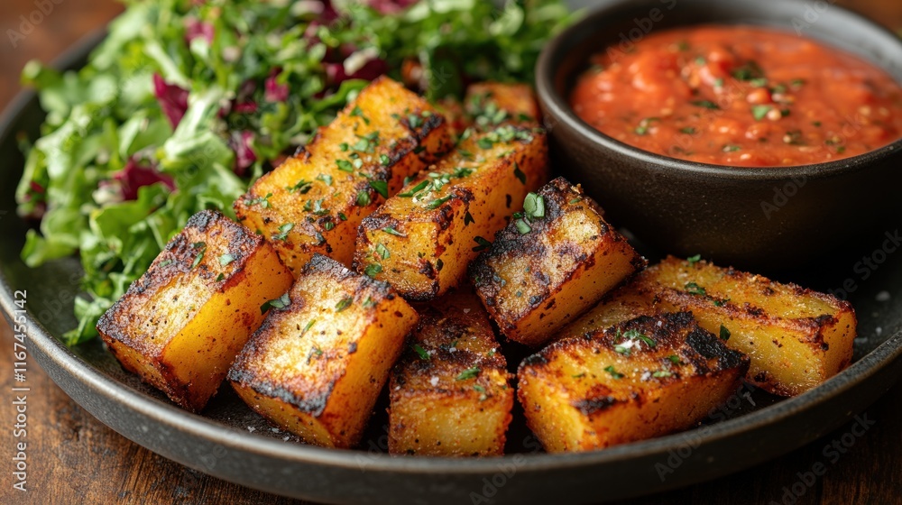 A plate of crispy golden potatoes served with a side salad and salsa.