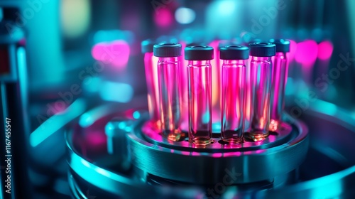 Colorful test tubes in a laboratory setup. photo