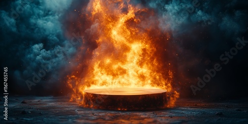 Wallpaper Mural Cylindrical podium surrounded by intense flames and smoke, creating a dramatic visual display of fire and energy in an expansive dark environment Torontodigital.ca