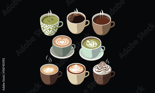 Coffee and Tea Cups with Latte Art, Green Tea, Espresso, and Hot Chocolate