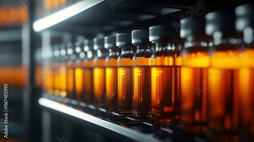 Rows of amber bottles on a dark shelf.