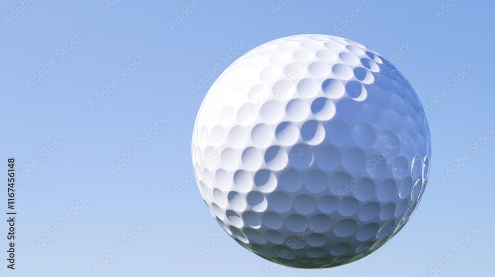 Capturing the Thrill: Ultra-Detailed Shot of Golf Ball Soaring against Clear Blue Sky, Emphasizing Dimples and Texture Detail Capturing the Thrill: Ultra-Detailed Shot of Golf Ball Soaring against Clear Blue Sky, Emphasizing Dimples and Texture Detail