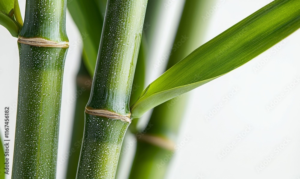 Fototapeta premium Close-up of green bamboo stalks and leaves, showcasing their texture and vibrant color against a neutral background.