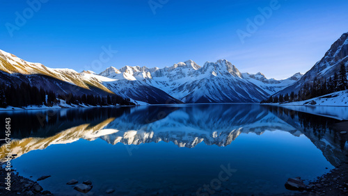 A mountain mirror lake with snow-capped mountains and forest. Reflection of the mountains. photo