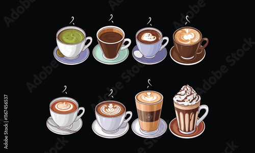 Elegant Illustration of Coffee and Tea Cups with Latte Art and Whipped Cream Toppings