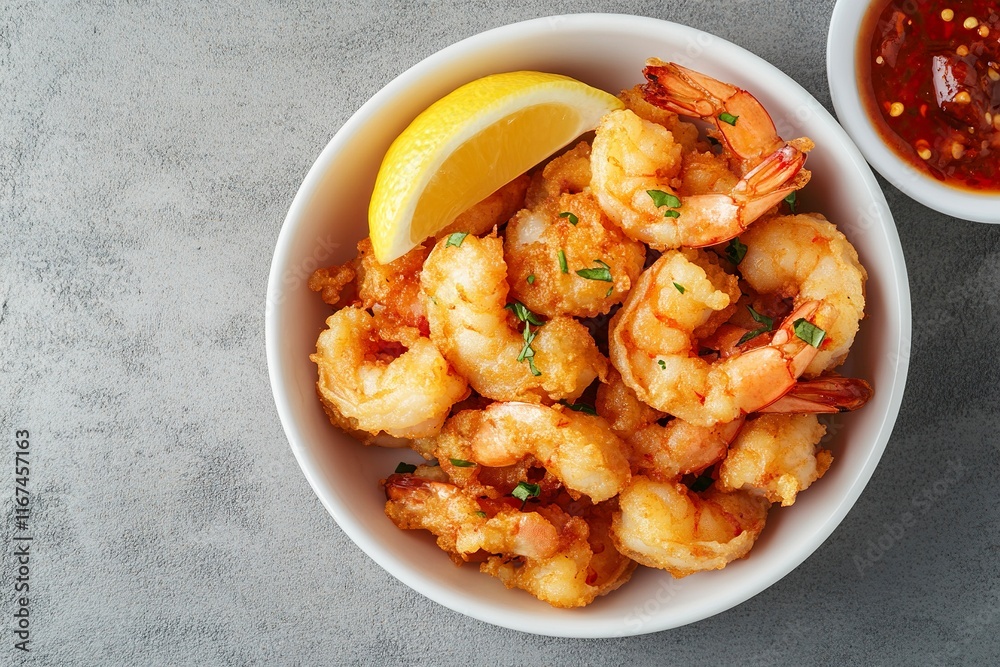 Tasty cooked fried shrimp with chilli and lemon on a gray concrete background. Healthy seafood. whit generative ai Tasty cooked fried shrimp with chilli and lemon on a gray concrete background. Healthy seafood. whit generative ai