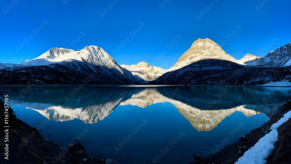 Naklejka premium A mountain mirror lake with snow-capped mountains and forest. Reflection of the mountains.