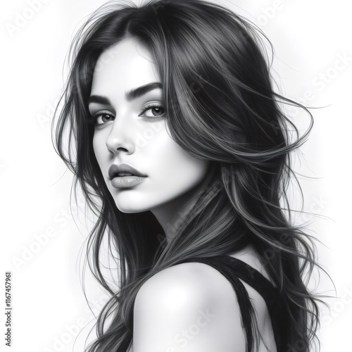 Una mujer con cabello largo y ondulado, capturada en un retrato artístico en blanco y negro, que resalta la textura y el movimiento natural de su melena, ideal para campañas de belleza y moda
