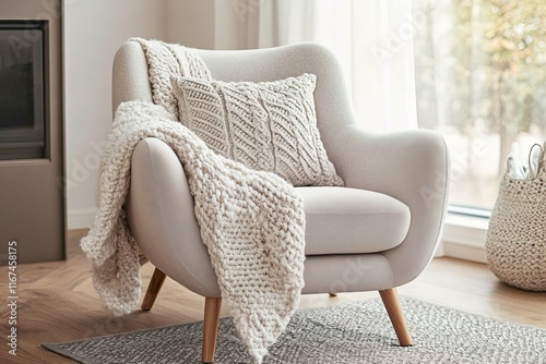close-up Scandinavian-style armchair with a knit blanket and a decorative pillow, on light wooden floor and a soft gray rug, warm natural lighting