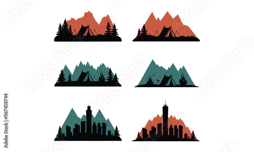 Mountain Campsites and City Skylines Silhouette Artwork Set