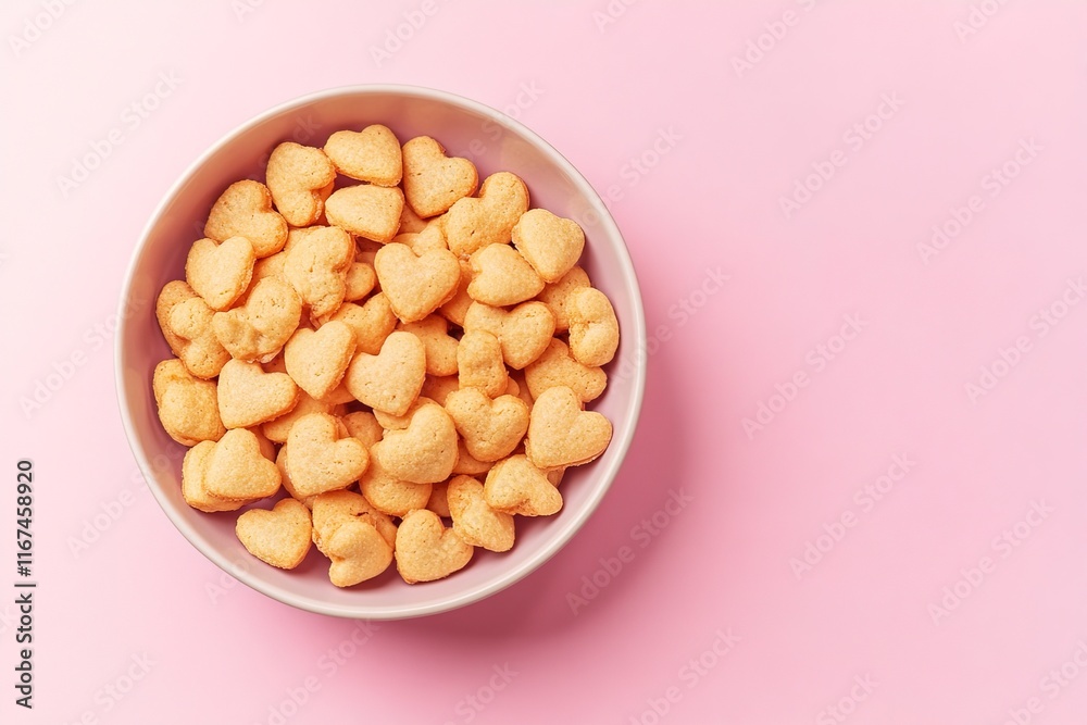 top view white bowl homemade heart-shaped cookies on pastel pink background with copy space top view white bowl homemade heart-shaped cookies on pastel pink background with copy space
