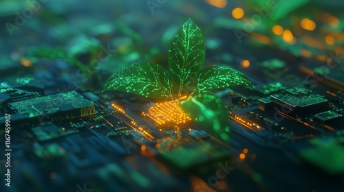 Green plant growing from futuristic circuit board representing the future of green technology and sustainability