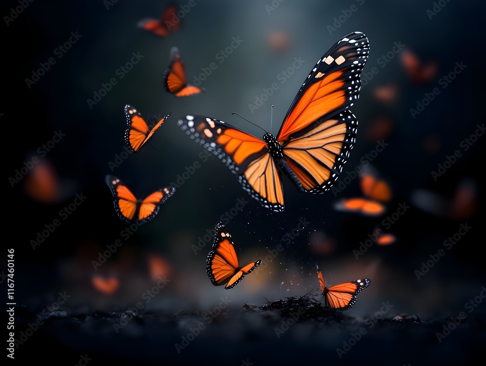 Obraz premium Monarch butterfly colony with delicate wings fluttering in unison showcasing vibrant orange and black markings under soft focus and chiaroscuro lighting evoking a romantic era inspired aesthetic