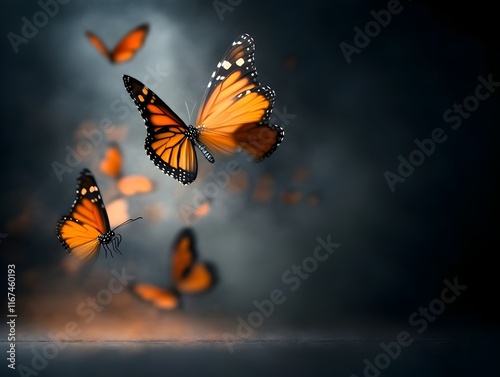 Mesmerizing monarch butterfly colony with delicate wings fluttering in unison vibrant orange and black markings pheromone driven aggregation photo