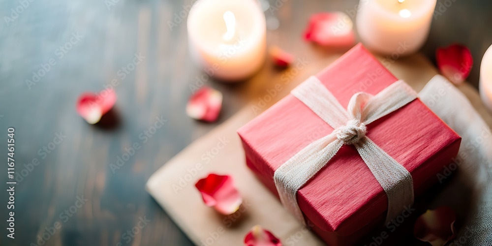 Gift box with candles, rose petals on table. Gift box with candles, rose petals on table.