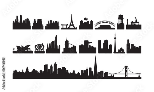 Global City Skyline Silhouettes Vector Set - Iconic Landmarks and Urban Design Elements