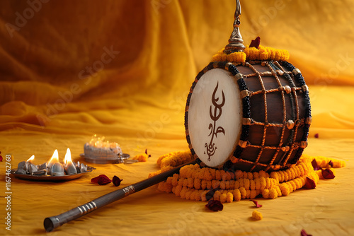 Shivaratri background with Shivas trident and Pellet Drum Damroo musical instrument . Hindu festival Maha Shivratri photo