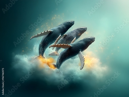 A captivating depiction of playful humpback whales gliding in synchrony through the open sea their bodies undulating gracefully as they converse through pheromonal signals photo