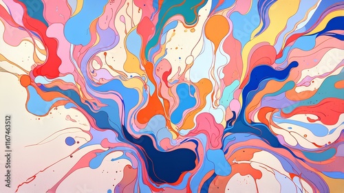 A colorful abstract painting with fluid shapes