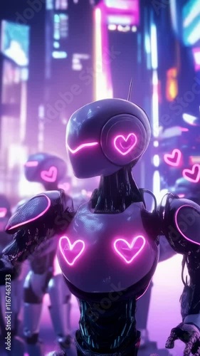 Futuristic neon robot with glowing hearts in a cyberpunk cityscape