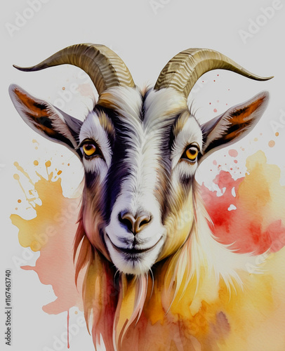 Watercolor Painting of goat in orange and pink Shades
