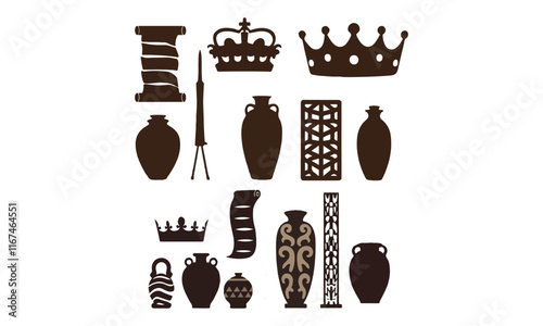 Set of elegant silhouettes featuring antique vases, royal crowns, scrolls, and decorative elements in a vintage style.