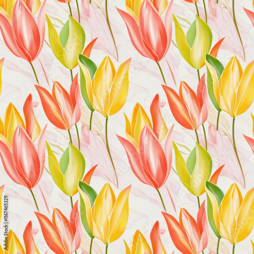 Seamless floral pattern featuring pink and yellow tulips on light textured background