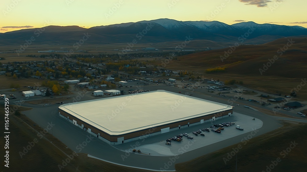 Aerial View of a New Rink Near Mountains at Sunset Aerial View of a New Rink Near Mountains at Sunset