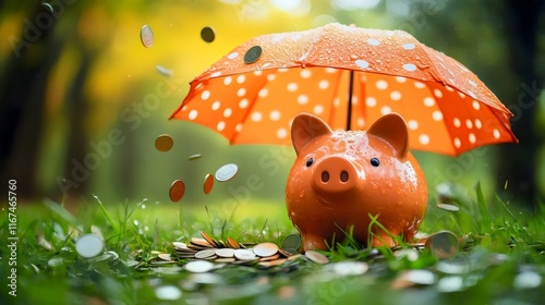 Fototapeta Naklejka Na Ścianę i Meble -  A piggy bank is sitting in the grass with a red umbrella over it