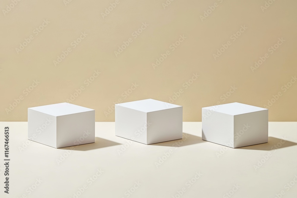 Fototapeta premium Three White Cubic Display Stands on Beige Background
