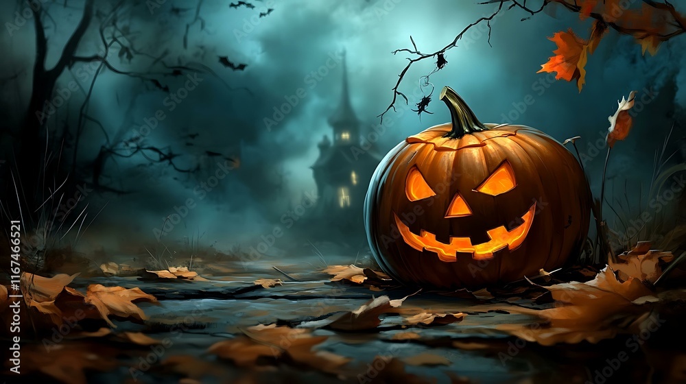 Naklejka premium Spooky Halloween Pumpkin in Haunted Forest
