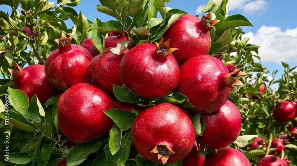 Obraz premium Red pomegranates hanging on a tree in the orchard..