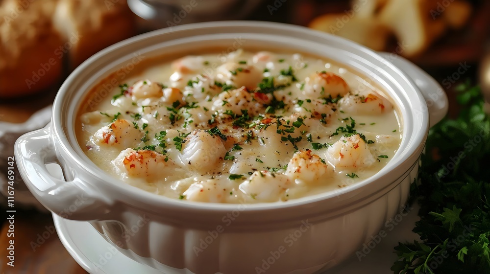 A white bowl of soup with shrimp and parsley A white bowl of soup with shrimp and parsley