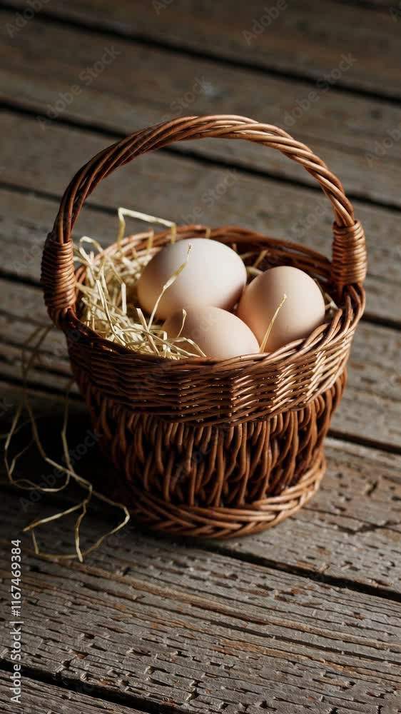 Wicker basket filled with brown eggs on a rustic wooden table in soft light Wicker basket filled with brown eggs on a rustic wooden table in soft light
